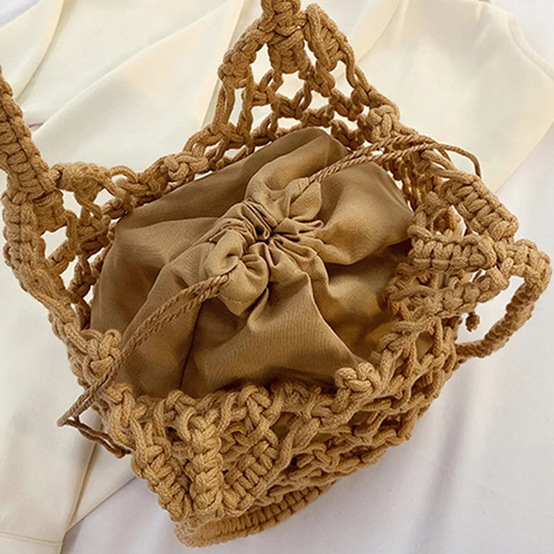 Straw Woven Bucket Bag for Women – Boho Beach Handbag