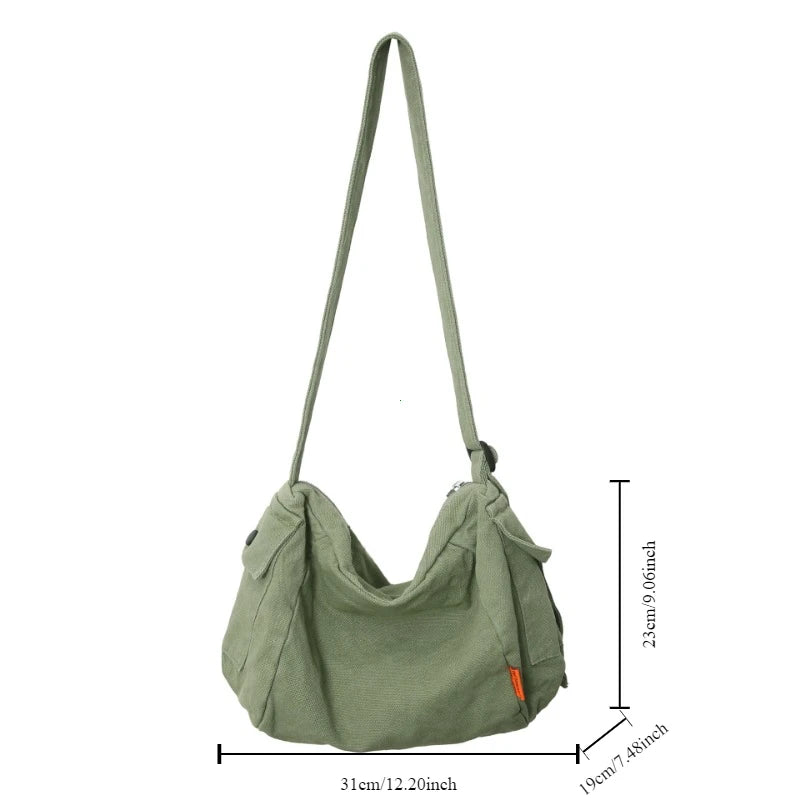 Female Canvas Fabric Hobo Soft Slouchy Shoulder Bag Y2k Student Leisure Medium Size School Book