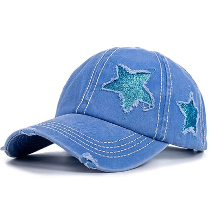 Retro Y2K Star Washed Denim Baseball Cap – Snapback Hat for Men & Women
