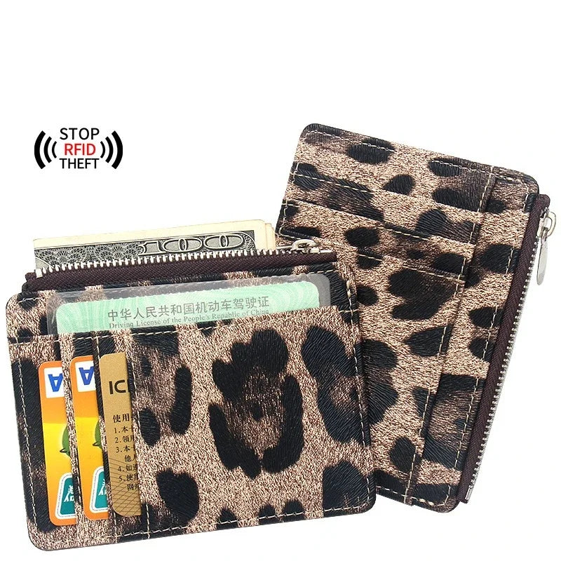 Leopard Print Slim Card Wallet – Zipper Coin Purse