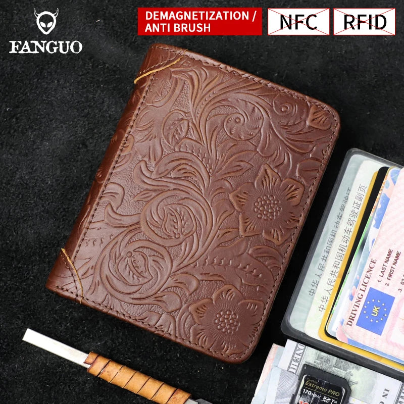 RFID Genuine Leather Men's Short Wallet – Floral Embossed Bifold