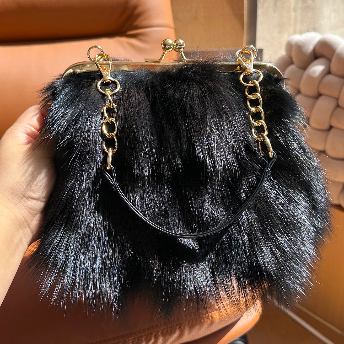 Real Fur Women Handbags Luxury Fox Bag Female Furry Handbag Leather Evening Natural Shoulder