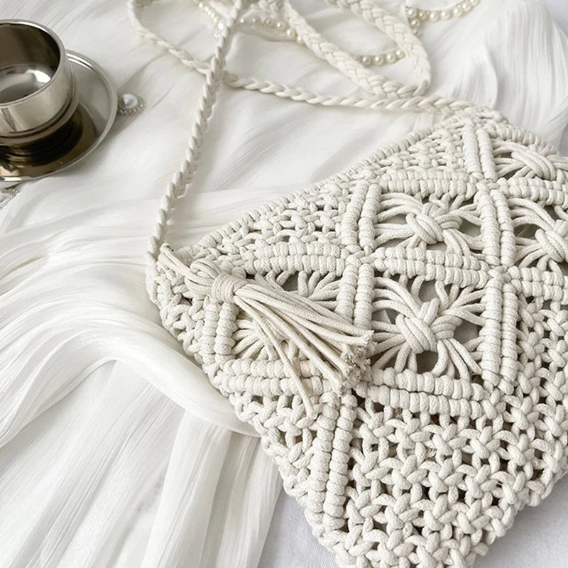 Handmade Straw Crossbody Bag – Women's Hollow Woven Shoulder Purse with Tassel