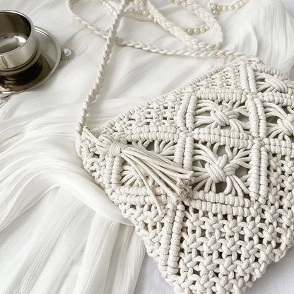 Handmade Straw Crossbody Bag – Women's Hollow Woven Shoulder Purse with Tassel