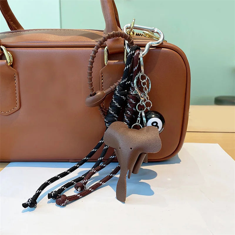 Elephant Leather Keychain Bag Charm with Braided Rope