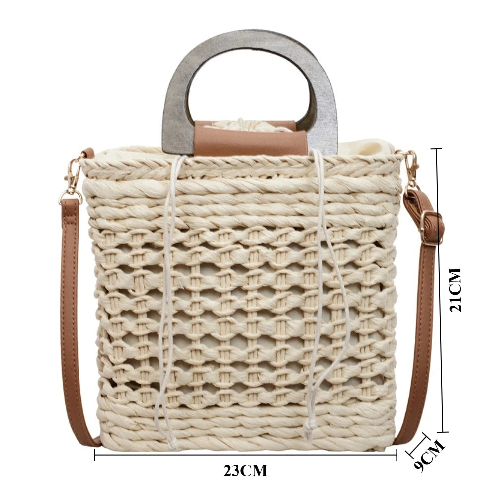 Women's Handmade Woven Straw Beach Tote Bag with Wooden Handle