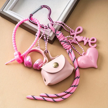 Mini Bow Bag Charm Keychain with Braided Rope & Heart Pendant