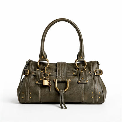 Retro Rivet Shoulder Bag with Padlock & Large Capacity