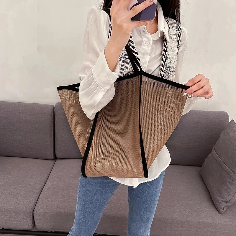 Mesh Beach Tote Bag – Transparent Hollow Shoulder Handbag