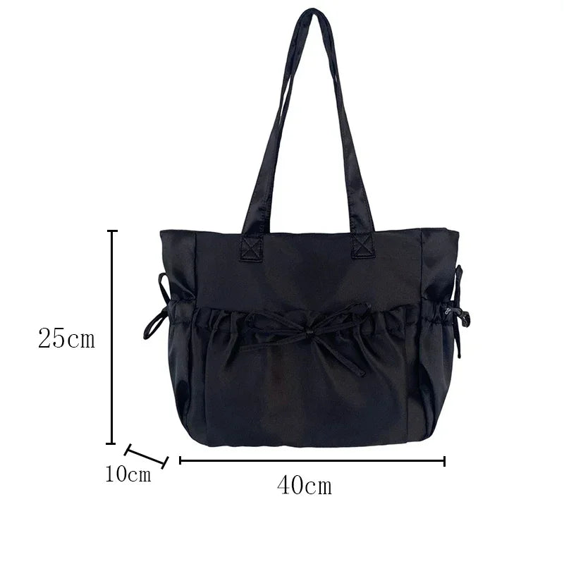 Bow Pleated Tote Bag for Women – Large Nylon Shoulder Bag