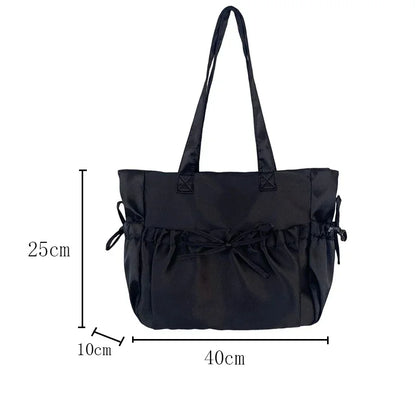 Bow Pleated Tote Bag for Women – Large Nylon Shoulder Bag