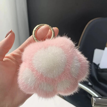 Fluffy Cat Paw Keychain – Cute Faux Fur Plush Key Ring