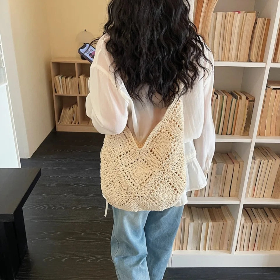 Crochet Hobo Shoulder Bag – Large Hollow-Out Woven Beach Bag