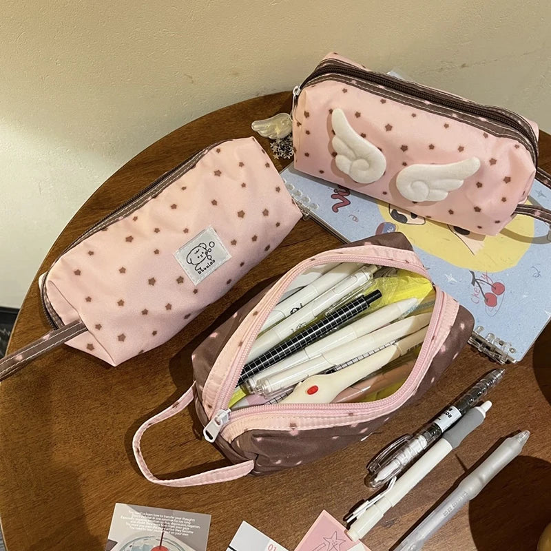 Cute 3d Wing Star Pencil Case Large Capacity Student Pen Bag Kawaii Canvas Stationery Storage