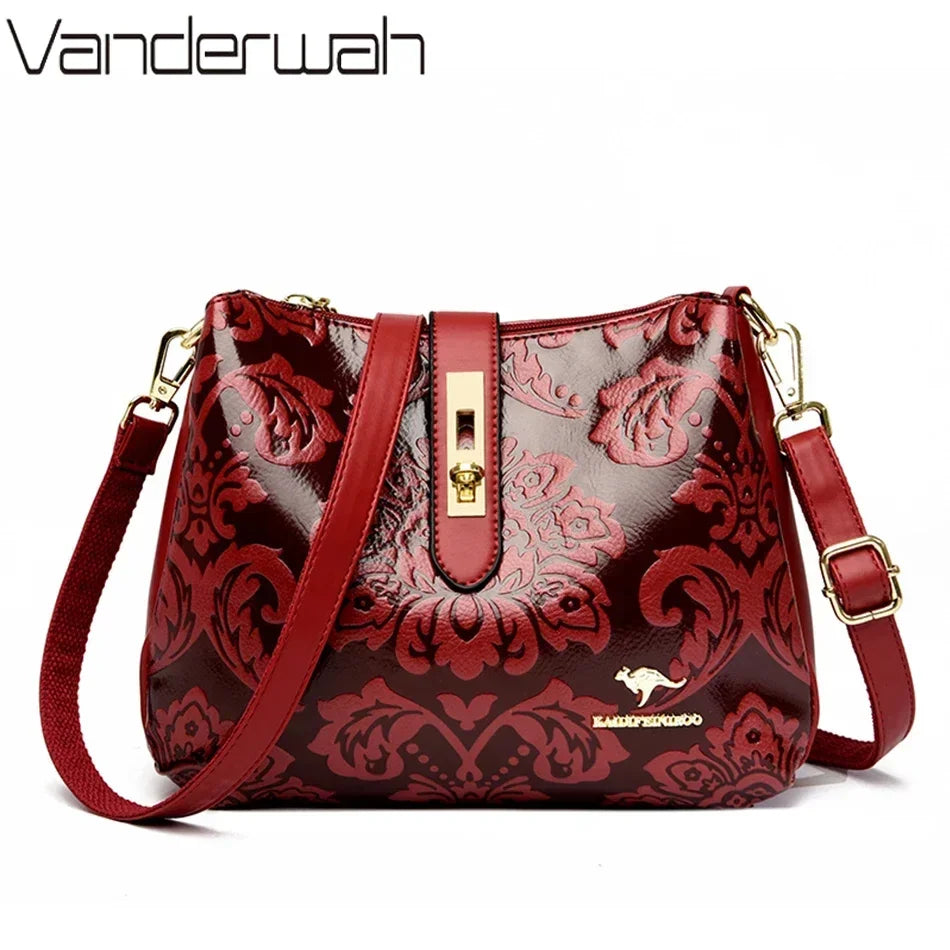 Floral Embossed Leather Women's Crossbody Shoulder Bag – 3-Layer Luxury