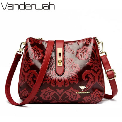 Floral Embossed Leather Women's Crossbody Shoulder Bag – 3-Layer Luxury