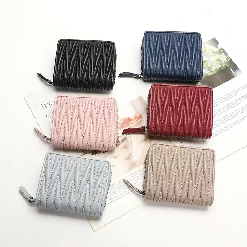 Genuine Lambskin Leather Short Wallet for Women – Quilted Zip Purse