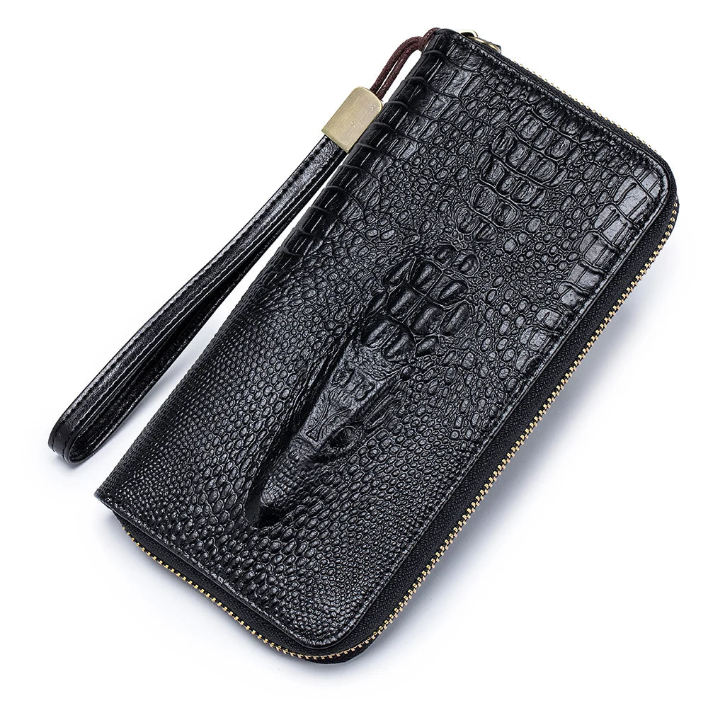 Crocodile Pattern Genuine Leather Long Zipper Wallet