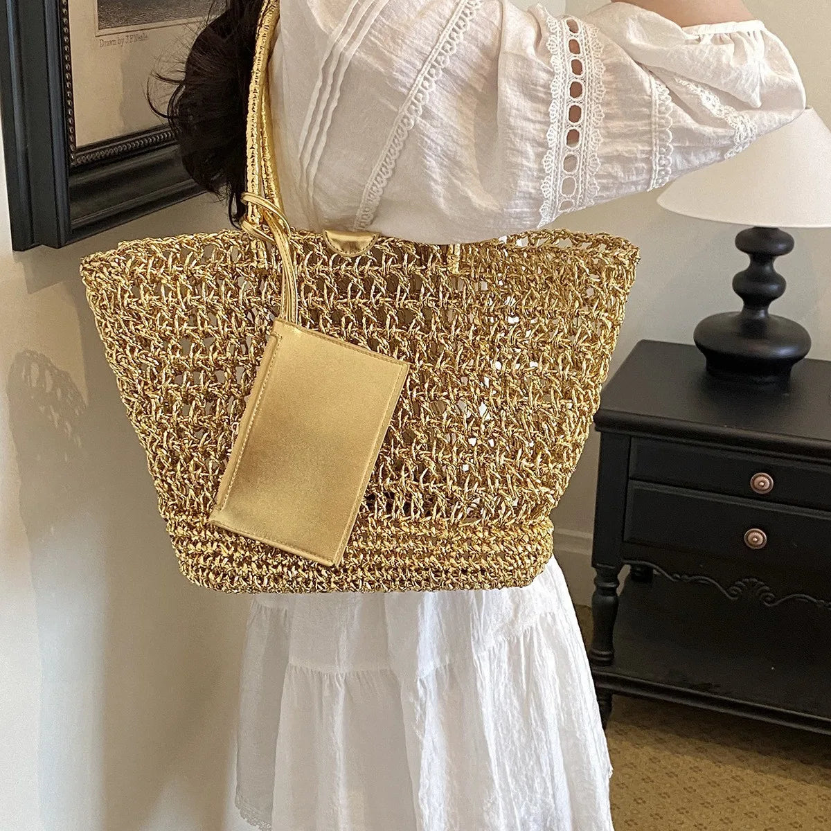 Gold Woven Tote Bag - Large Capacity Hollow Shoulder Bag for Women