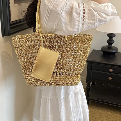 Gold Woven Tote Bag - Large Capacity Hollow Shoulder Bag for Women