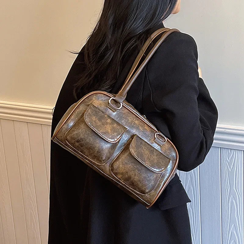 Retro Double Pocket Shoulder Bag – Women's Vintage Handbag