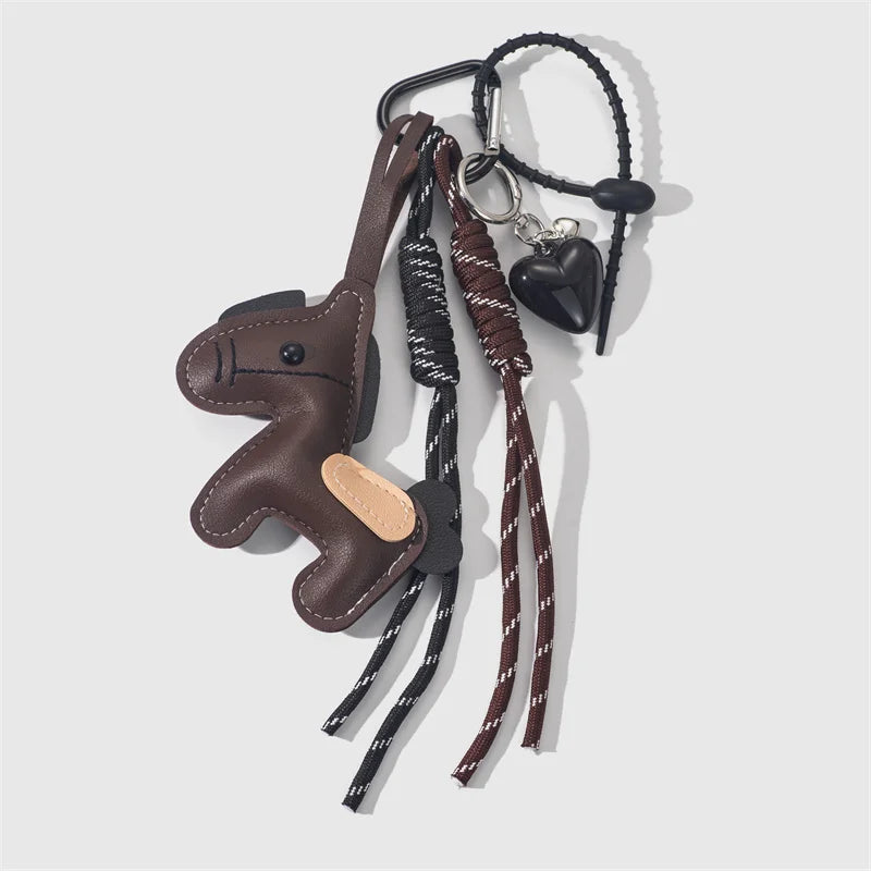 PU Leather Pony Keychain Bag Charm with Braided Rope & Bow