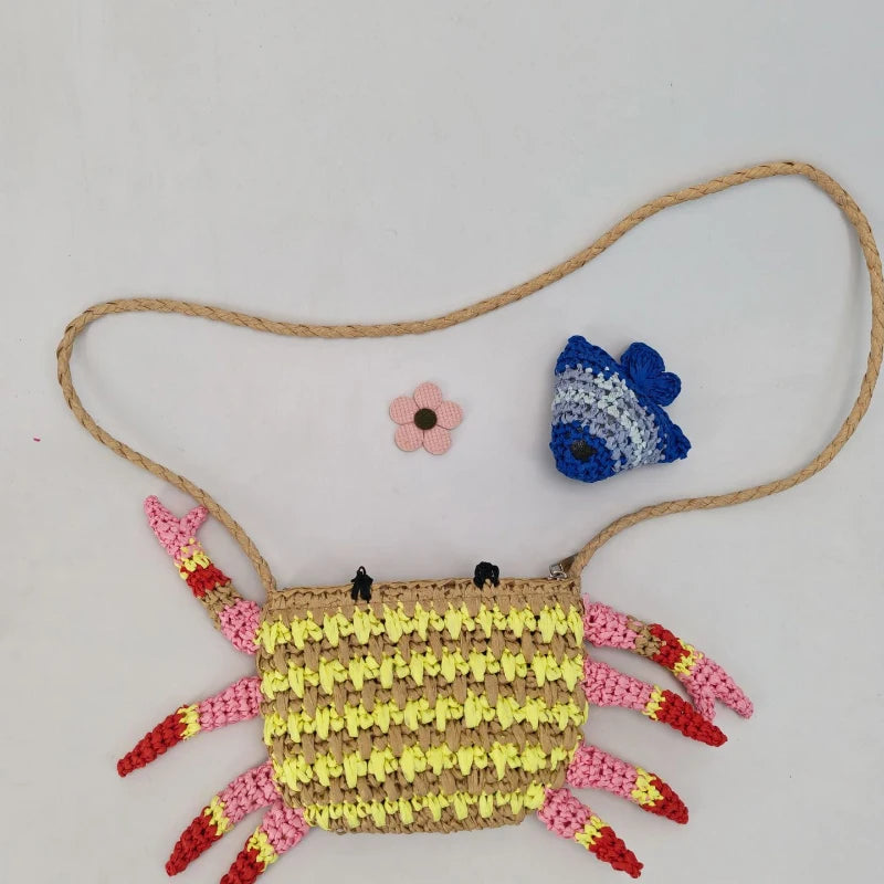 Crab Straw Woven Shoulder Bag – Colorful Handwoven Novelty Bag