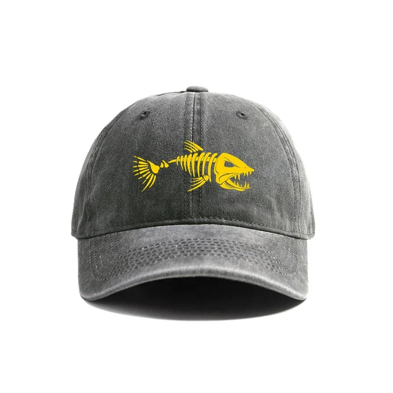 Fishbone Skeleton Baseball Cap – Distressed Dad Hat for Fishing