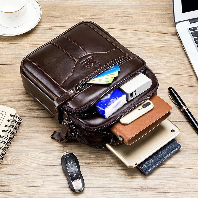 Men's Genuine Cowhide Leather Crossbody Shoulder Bag