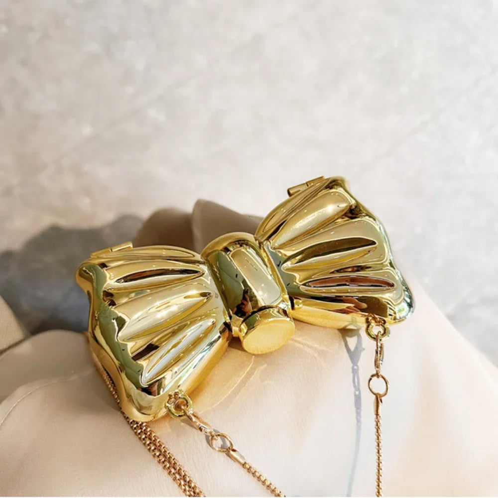 Bow-Shaped Evening Clutch Bag – Gold & Silver Chain Purse