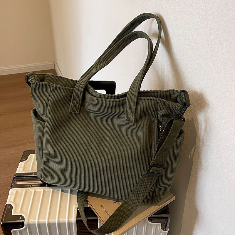 Velvet Corduroy Shoulder Bag – Large Capacity Striped Handbag