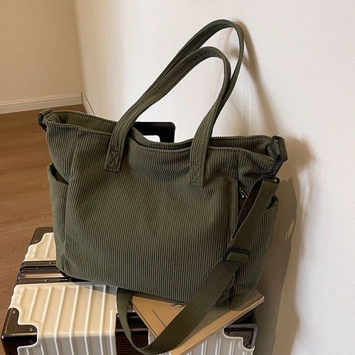 Velvet Corduroy Shoulder Bag – Large Capacity Striped Handbag