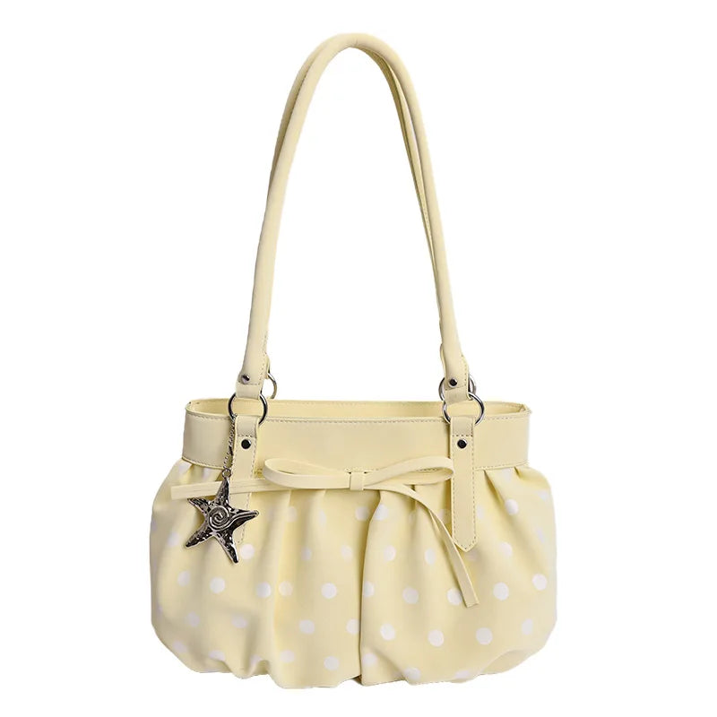 Polka Dot Ruched Shoulder Bag Star Pendant Women Bow Decor Large Capacity Hobo Retro Versatile