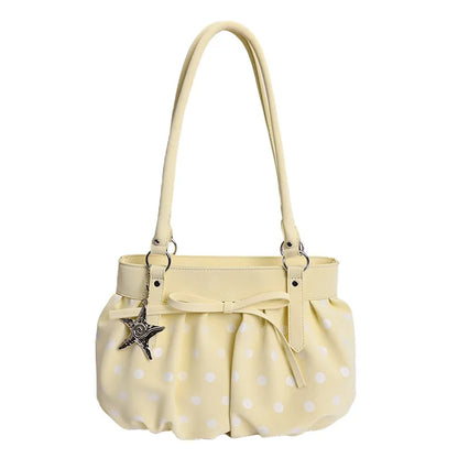 Polka Dot Ruched Shoulder Bag Star Pendant Women Bow Decor Large Capacity Hobo Retro Versatile