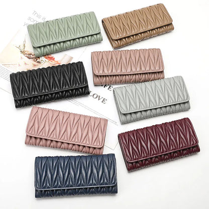 Genuine Sheepskin Leather Long Wallet for Women – Pleated Clutch Purse