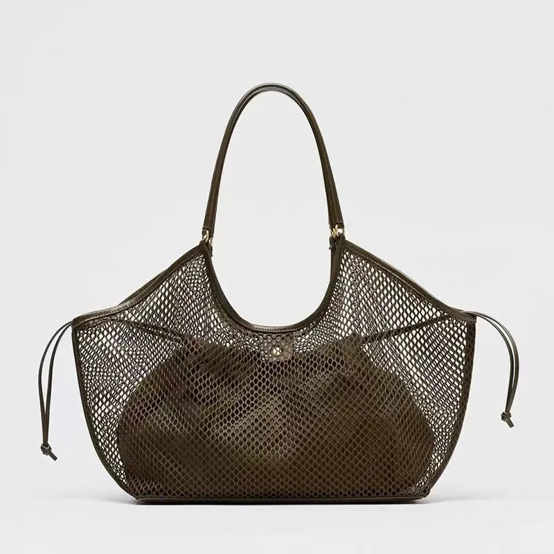 Large Mesh Tote Bag for Women – PU Leather Trim Shoulder Bag