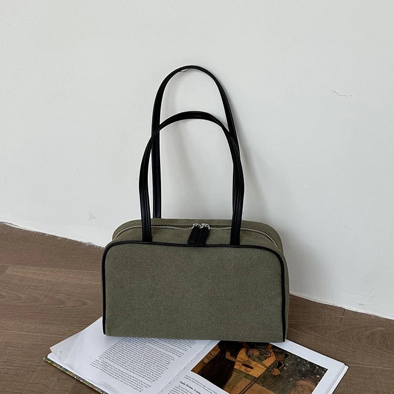 Canvas Bowling Shoulder Bag – Large Capacity Vintage Handbag with Leather Handles