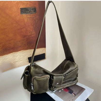 Hobo Crossbody Bag – Y2K Washed Leather Multi-Pocket Women's Bag