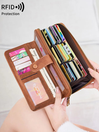 RFID Vintage Long Wallet for Women – Large Capacity Zipper Clutch