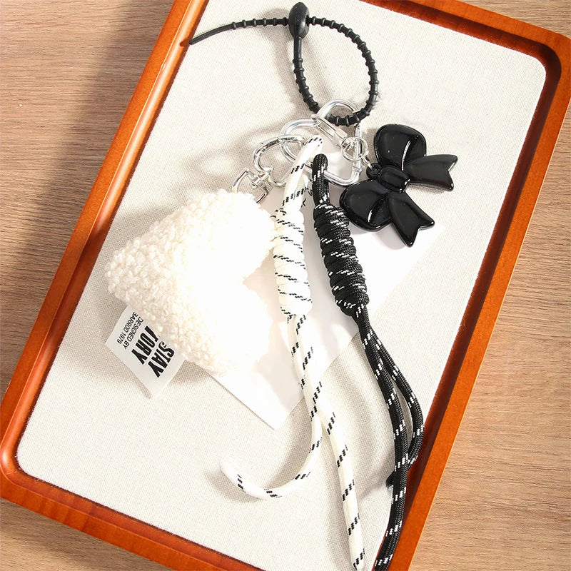Plush Heart Keychain with Bow – Cute Woven Rope Bag Charm