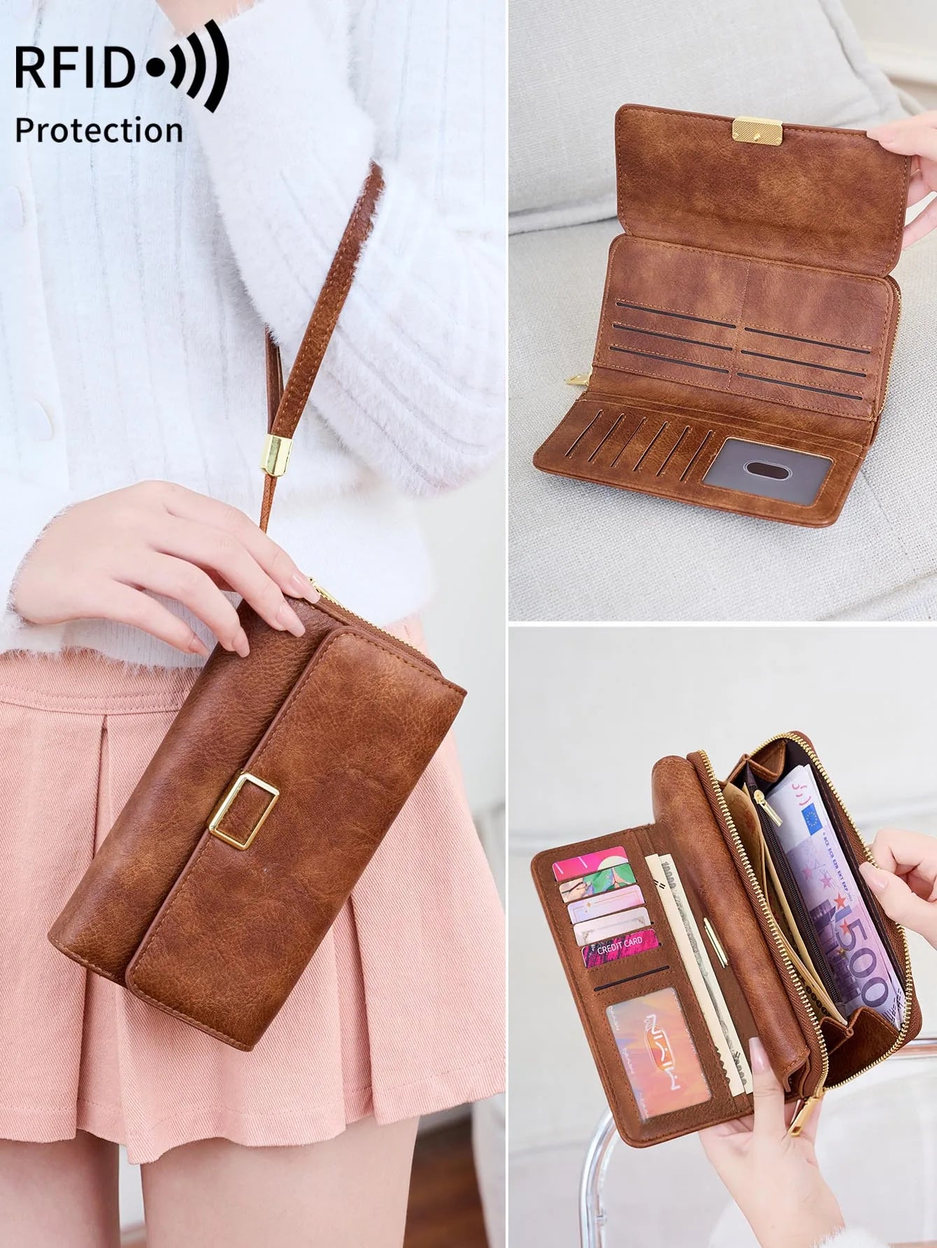 RFID Blocking Trifold Wallet for Women – Vintage Multifunction Long Cardholder