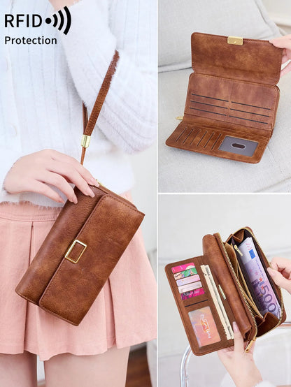 RFID Blocking Trifold Wallet for Women – Vintage Multifunction Long Cardholder