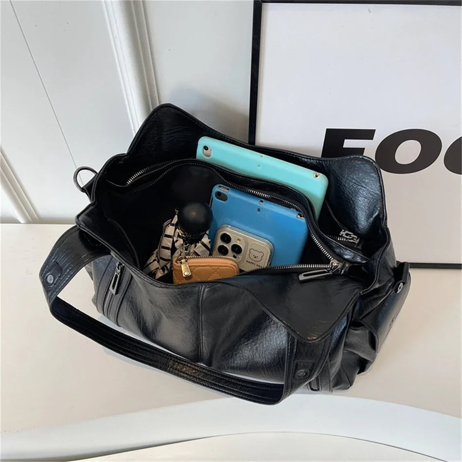 Women's Vintage Leather Tote Bag – Large Capacity Multi-Pocket Shoulder Bag