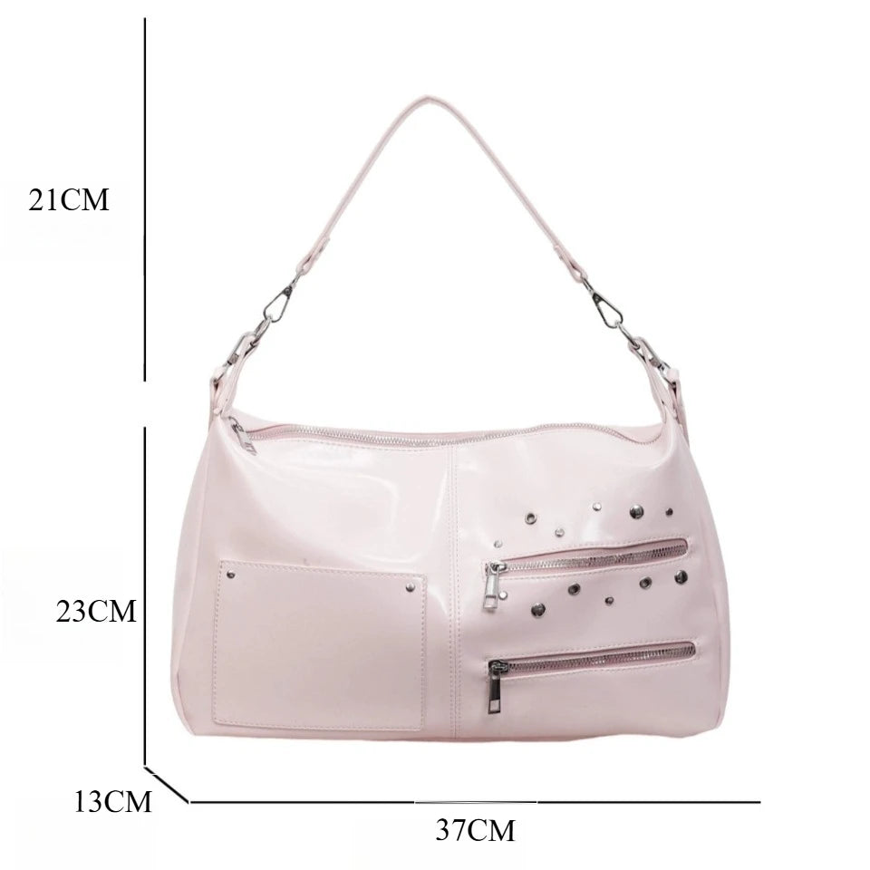 Large Capacity Shoulder Bag – Casual Crossbody Tote with Studded Detail