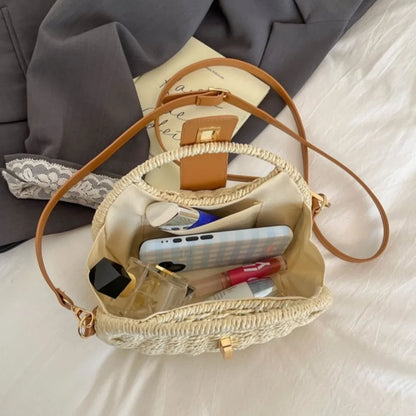 Rattan Woven Half Moon Crossbody Bag – Women's Straw Shoulder Bag