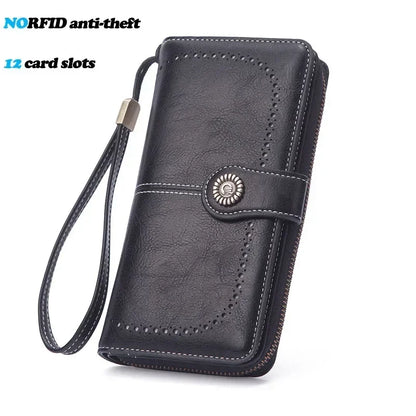 RFID Blocking Women's Leather Wallet – Large Zipper Clutch with 23 Card Slots