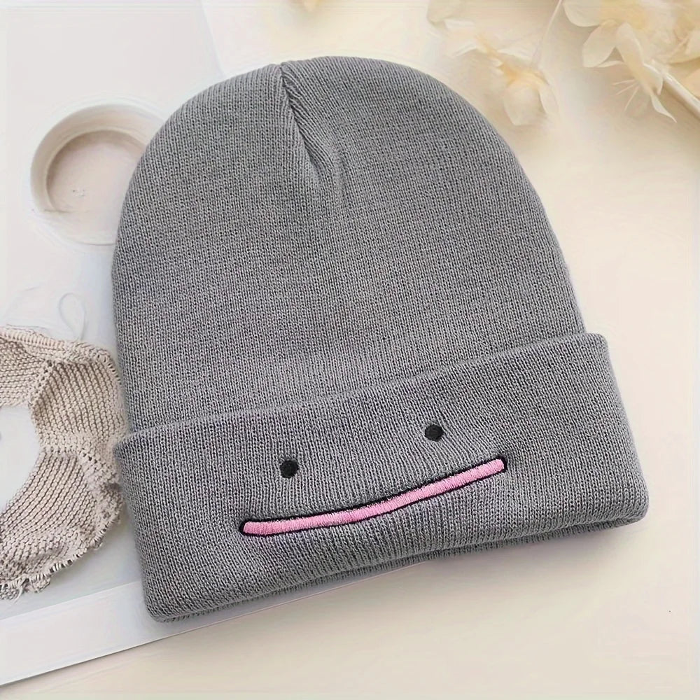 Embroidered Smile Knit Beanie – Stretchy Winter Hat