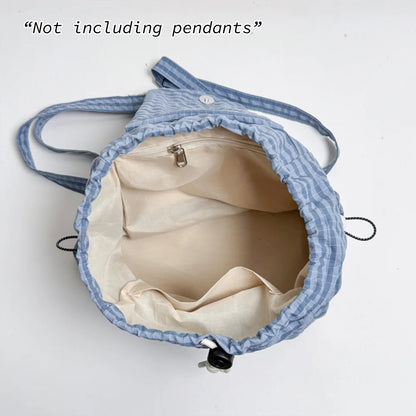 Mini Drawstring Backpack – Plaid Embroidery Casual Daypack