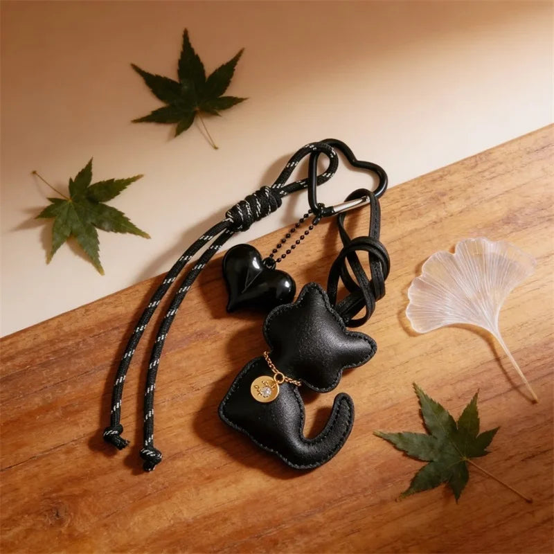 PU Leather Cat Bag Charm with Bow & Rope Tassel Pendant