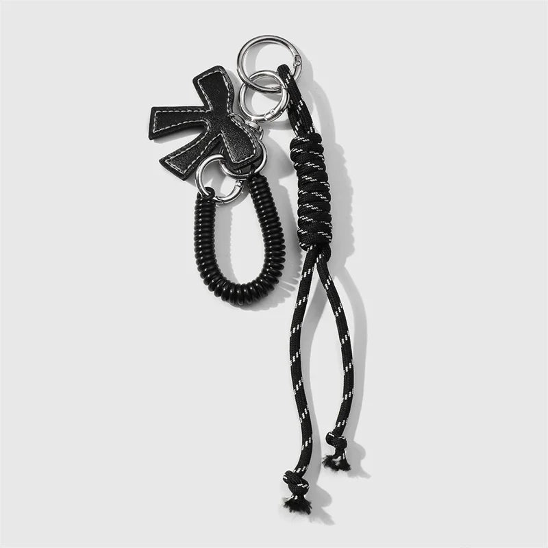 Bow Leather Charm Keychain with Braided Rope – Cute Bag Accessory